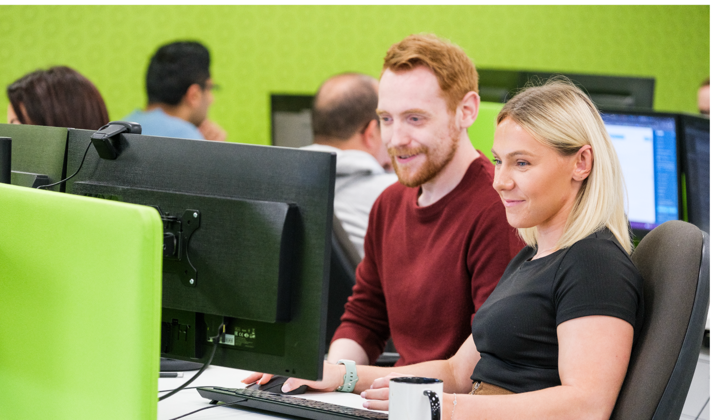 A man and woman project consultants working together at a desktop PC.