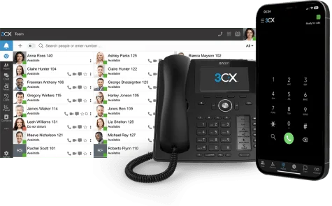 3CX communications platform shown with desk phone and mobile phone